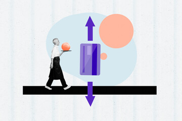 Trend artwork sketch montage 3D collage of aged woman uniform walk carry order coin credit card arrow economy savings cash trade finance