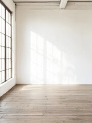 Empty room with a large window on the left side. the room has white walls and wooden flooring. the window has large panes of glass that let in natural light.