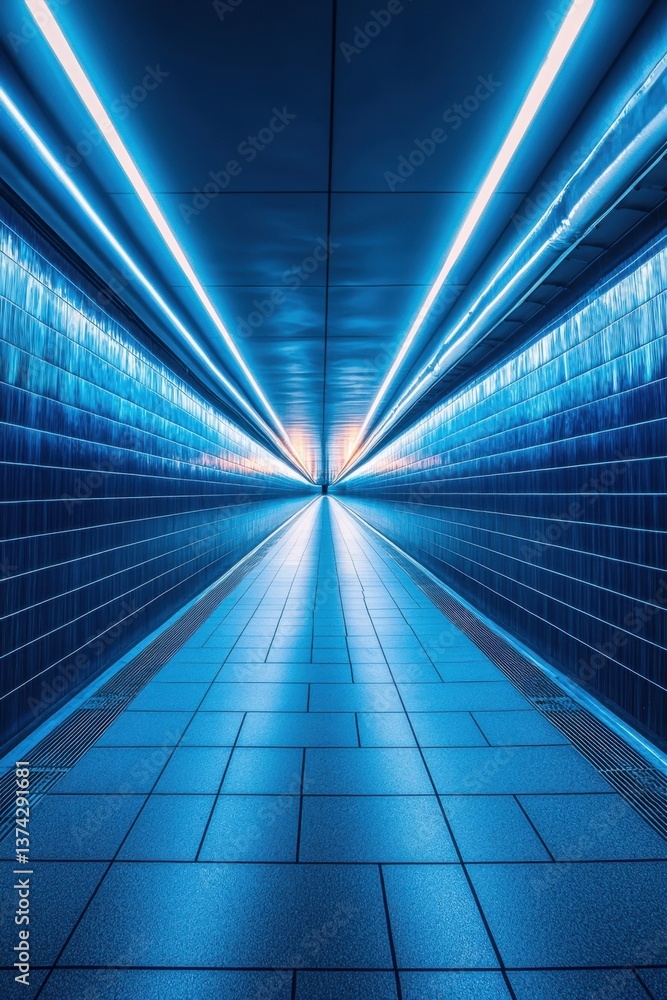 Poster captivating perspective of a modern subway tunnel with vibrant blue tiles and illuminated linear lig