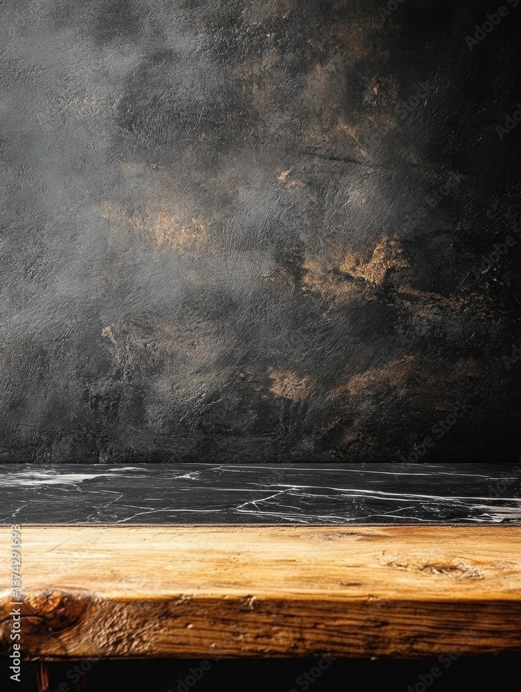 Poster rustic wooden table with marble surface and textured black wall creating a moody product display bac