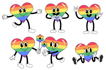 2d heart cartoon character design, love and pride month concept, greeting card and background design, heart shape icon and symbol