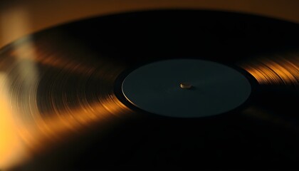 Close-up of Spinning Vinyl Record, Golden Hour Light