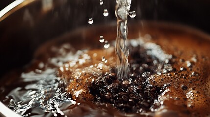 Close-Up of French Press with Coffee Grounds Blooming in Hot Water