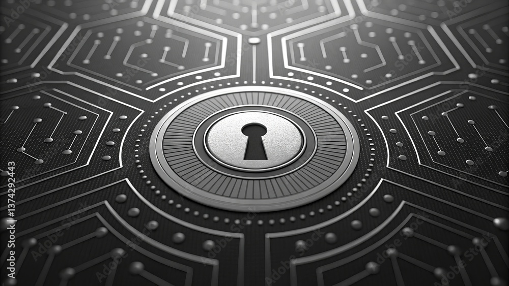Aufkleber a close-up view of a digital lock design featuring intricate circuit patterns and a central keyhole,