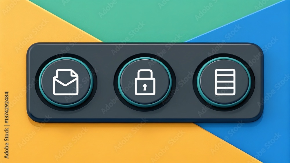 Poster a modern interface with three circular buttons for email, security, and file management against a co
