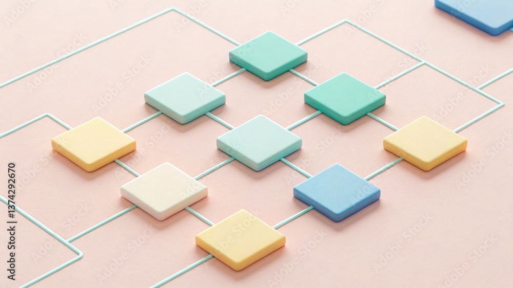 Poster a colorful flowchart design with geometric shapes on a pastel background, representing processes or 