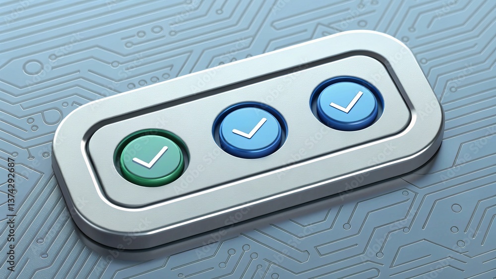 Poster A sleek, metallic button panel featuring three checkmark buttons in different colors, set against a circuit board background.