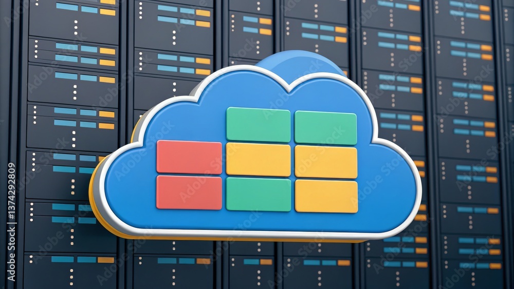 Leinwandbilder a colorful cloud icon with blocks against a backdrop of server racks, symbolizing cloud storage and 