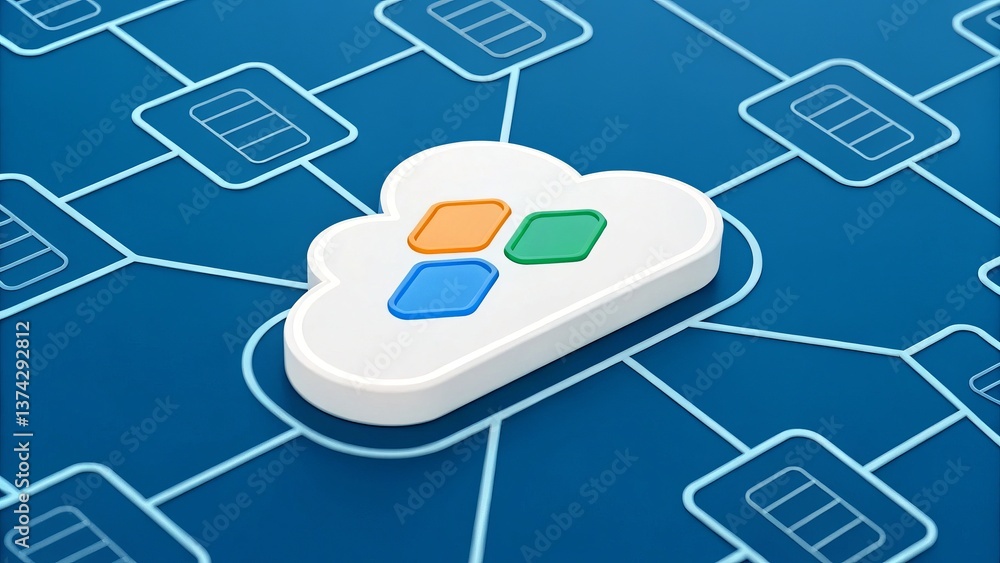 Leinwandbilder a cloud symbol on a blue background, featuring colored shapes, representing cloud computing and netw