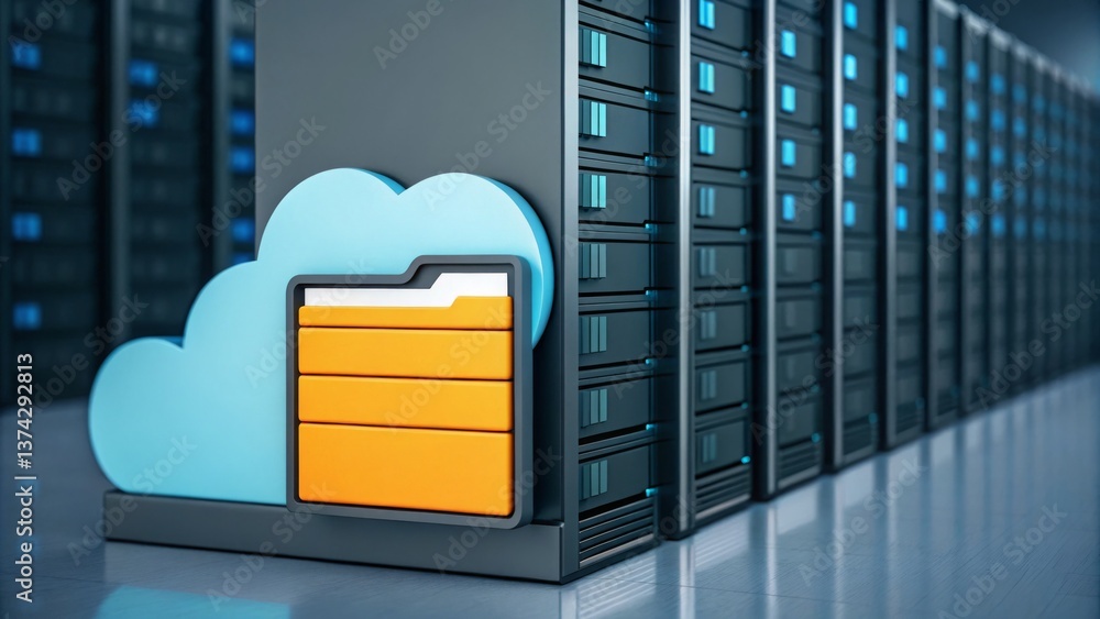 Aufkleber a modern data storage setup featuring a cloud symbol and multiple server racks, emphasizing technolo