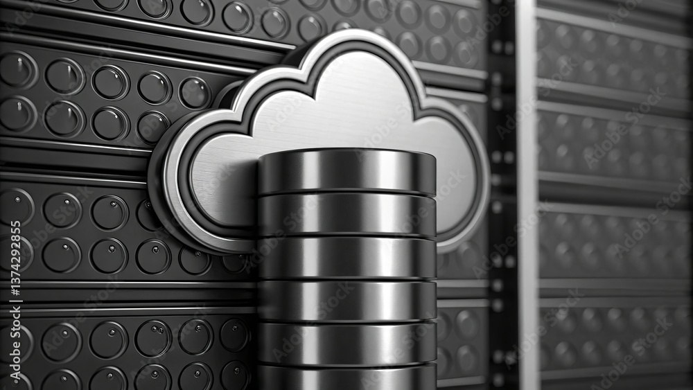 Aufkleber a stylized cloud symbol with stacked metallic disks against a textured, dark background, representin