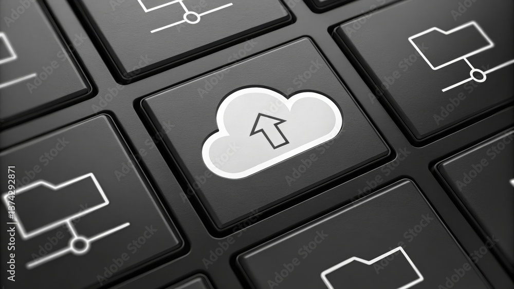 Poster a close-up of a keyboard featuring a highlighted cloud upload key, symbolizing cloud storage and dig
