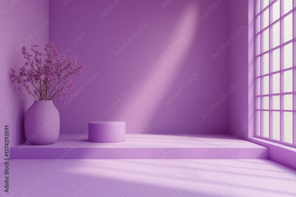 Poster serene lavender studio with flower vase and cylinder podium illuminated by window light creating a t