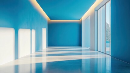 Empty modern hall with blue walls and large windows