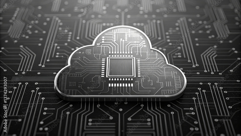 Poster a stylized cloud symbol featuring circuit patterns, representing technology and cloud computing in a