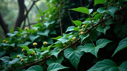Fototapeta premium Lush green foliage with small yellow flowers in a natural, blurred setting