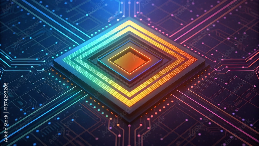 Fototapete a vibrant, abstract representation of a microchip surrounded by intricate circuit patterns, symboliz