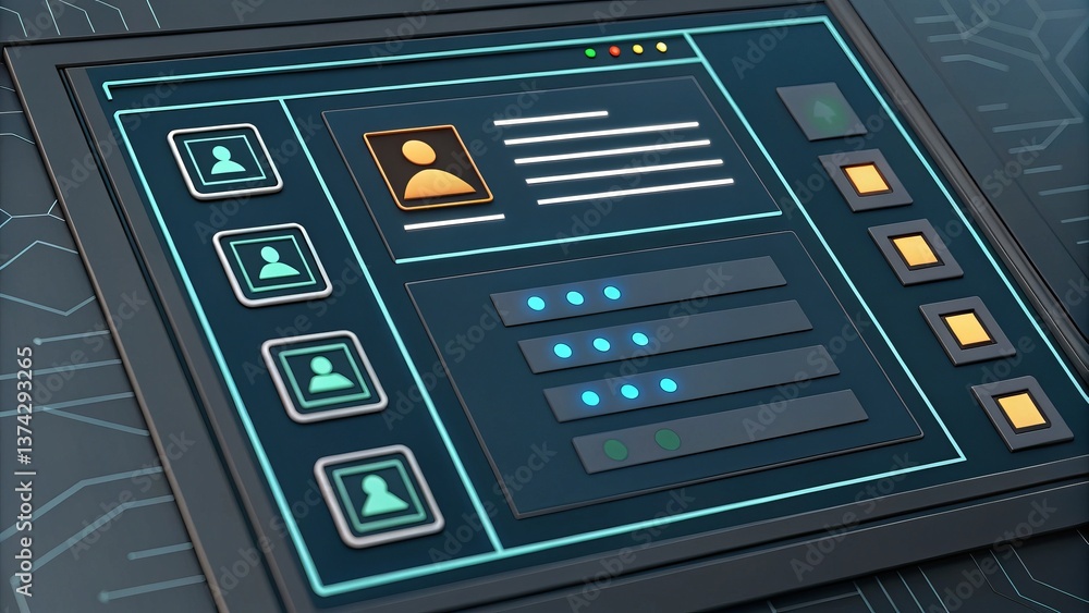 Poster a digital interface displaying user profiles and information, set against a circuit-like background,