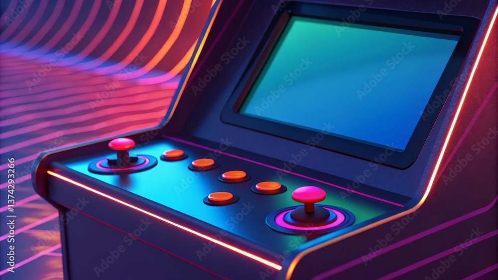 Poster A vibrant arcade machine with colorful buttons and a glowing screen set against a retro wave background.