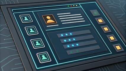 A digital interface displaying user profiles and information, set against a circuit-like background, representing technology and connectivity.
