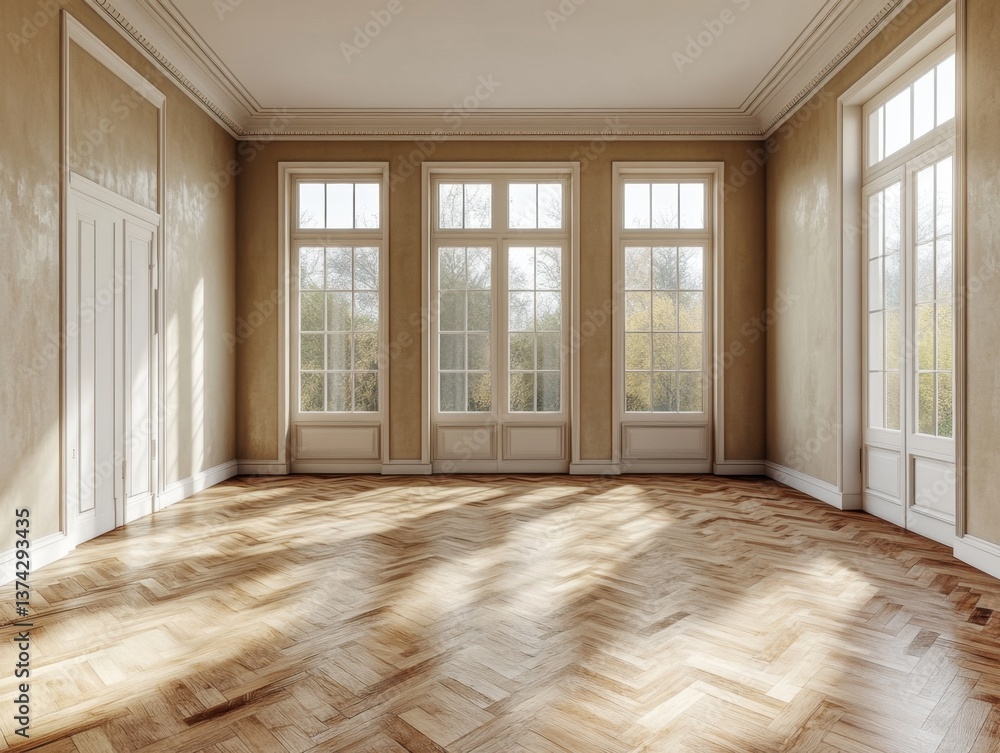 Poster serene interior of an empty room with herringbone wood floor and natural light streaming through tal