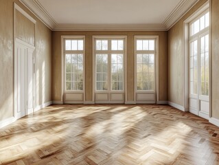 Obraz premium Serene interior of an empty room with herringbone wood floor and natural light streaming through tall windows creating a bright and inviting space