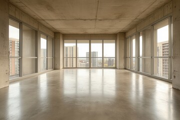 Spacious Modern Apartment Interior with Polished Concrete Floor and City View from Large Windows in Minimalist Style