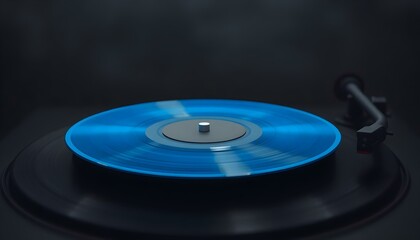 Spinning Blue Vinyl Record on Turntable, Dark Background
