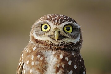 Fototapeta premium Humorous Burrowing Owl Curious, with Head Tilted Outside Its Cozy Burrow