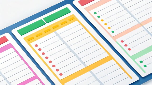 Colorful planner sheets with sections for tasks, notes, and checklists, designed for organization and productivity.