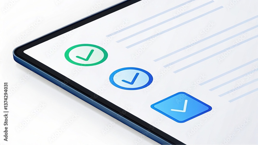 Poster a close-up of a digital checklist or form featuring multiple checkmarks in different colors, indicat