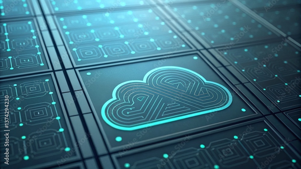Leinwandbilder a stylized cloud logo with intricate patterns sits on a dark, tech-themed background, symbolizing cl