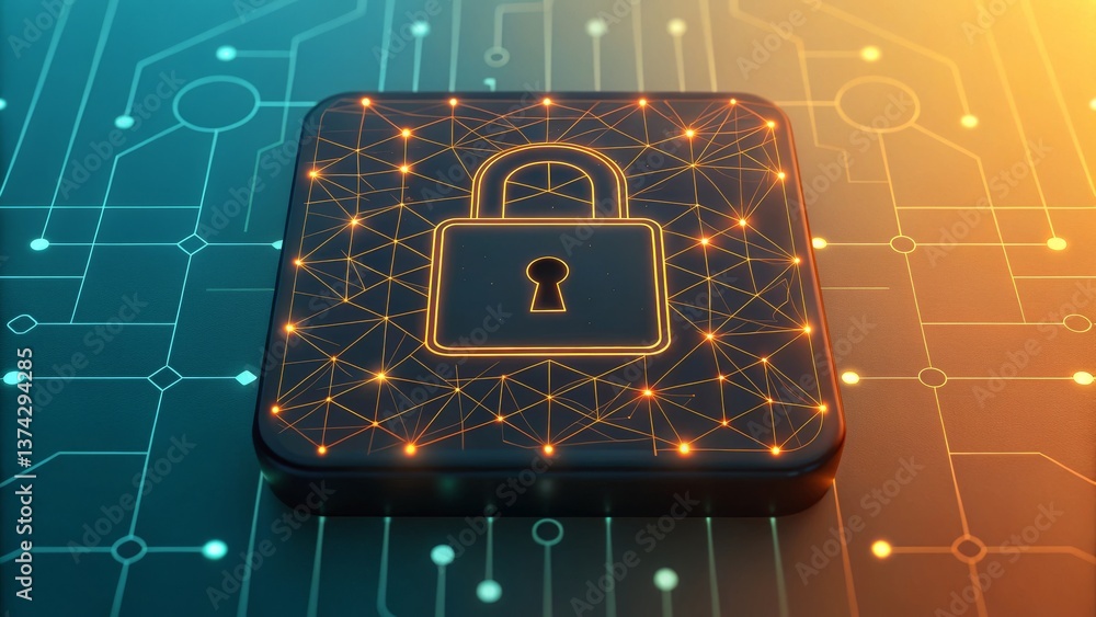 Poster a digital padlock icon on a circuit board background, symbolizing cybersecurity and data protection.