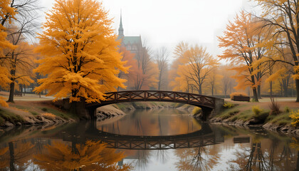 Peaceful autumn park landscape with a bridge reflecting in the lake under a blue sky