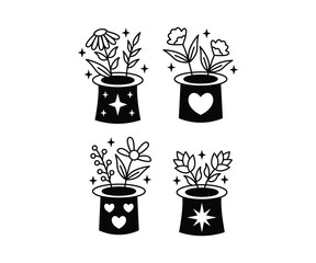 Floral Magic Hat Illustrations Black and White Color Vector Design Set