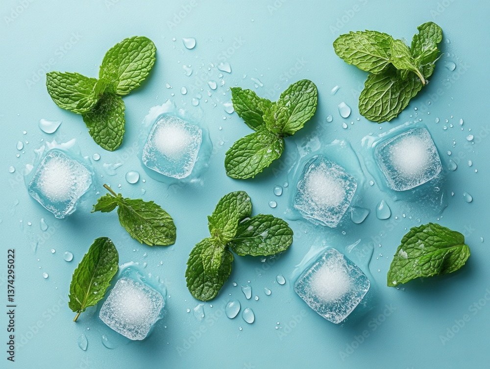 Aufkleber fresh mint leaves and ice cubes on a light blue background creating a refreshing and cool visual moo