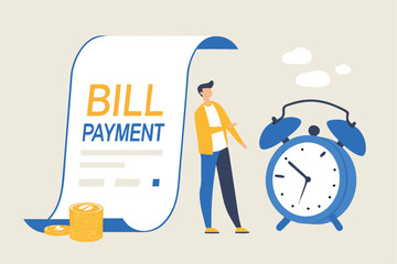 Bill payment, expense or financial service to pay for transaction, credit card payment or shopping cost concept, businessman with pencil and bill payment document and alarm clock.
