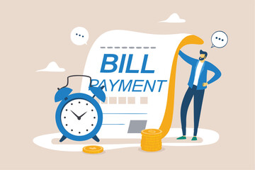 Bill payment, expense or financial service to pay for transaction, credit card payment or shopping cost concept, businessman with pencil and bill payment document and alarm clock.