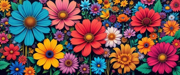  Large scale, stylized flowers depicted in a riot of vibrant colors and bold patterns. A celebration of nature s beauty.