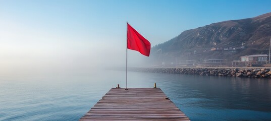 Red flag at lake. Danger alarm warning sign. Generative AI technology.	
