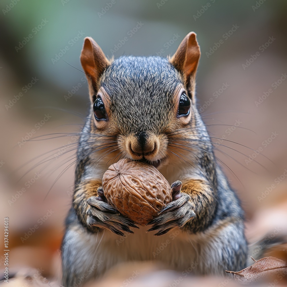 Poster adorable squirrel holding a walnut in its paws with a blurred background in a natural setting