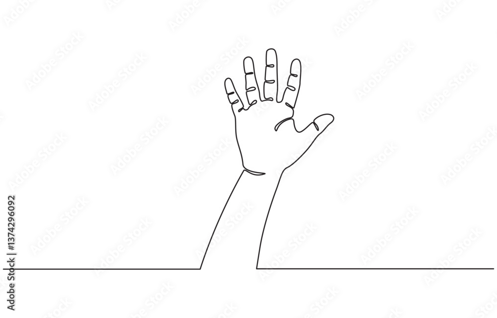 Poster single line drawn hand gesture, minimalistic waving human five fingers, hand waving continuous line 