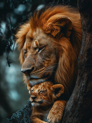 Fototapeta premium A lion and its cub cuddle in the shade of a tree, giving off a sense of warmth and safety. 