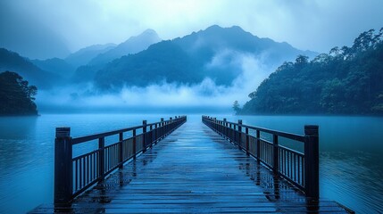 Obraz premium Misty mountain lake, wooden pier