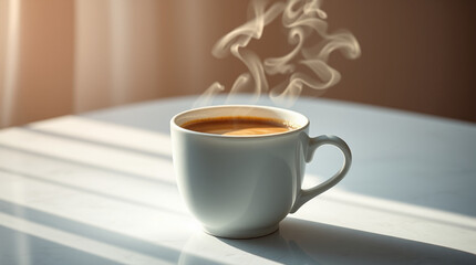 Obraz premium White coffee cup with steam on a sunlit table 