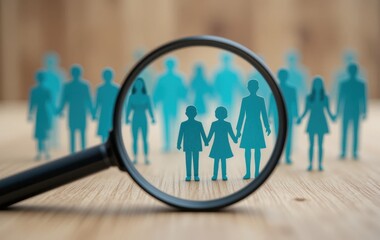Magnifying glass focusing on family paper cutouts on a wooden surface with blurred background view