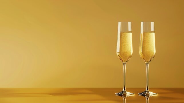 Due flute di champagne isolati su uno sfondo dorato, simbolo di celebrazione e raffinatezza. Ampio spazio per testo o marchio personalizzato