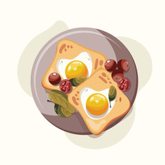 fried eggs on tost with cherry tomatoes on the plate in pastel colors