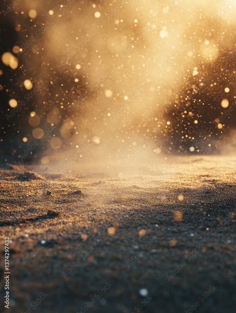 Poster ethereal landscape with golden light and sparkling particles creating a magical and dreamy atmospher