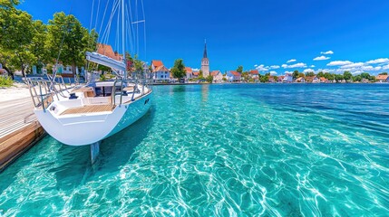 Obraz premium Sailboat Docked in Crystal Clear Waters of a Picturesque Village